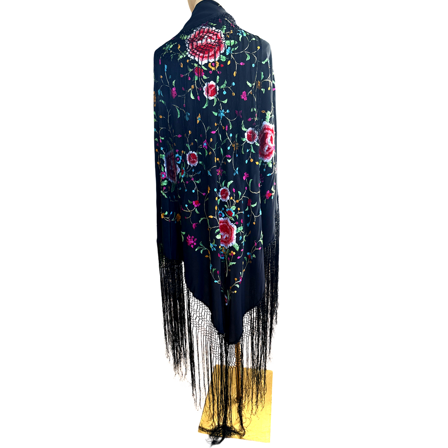 Antique 20s Black Floral Embroidered Fringe Silk Piano Shawl Scarf Boho