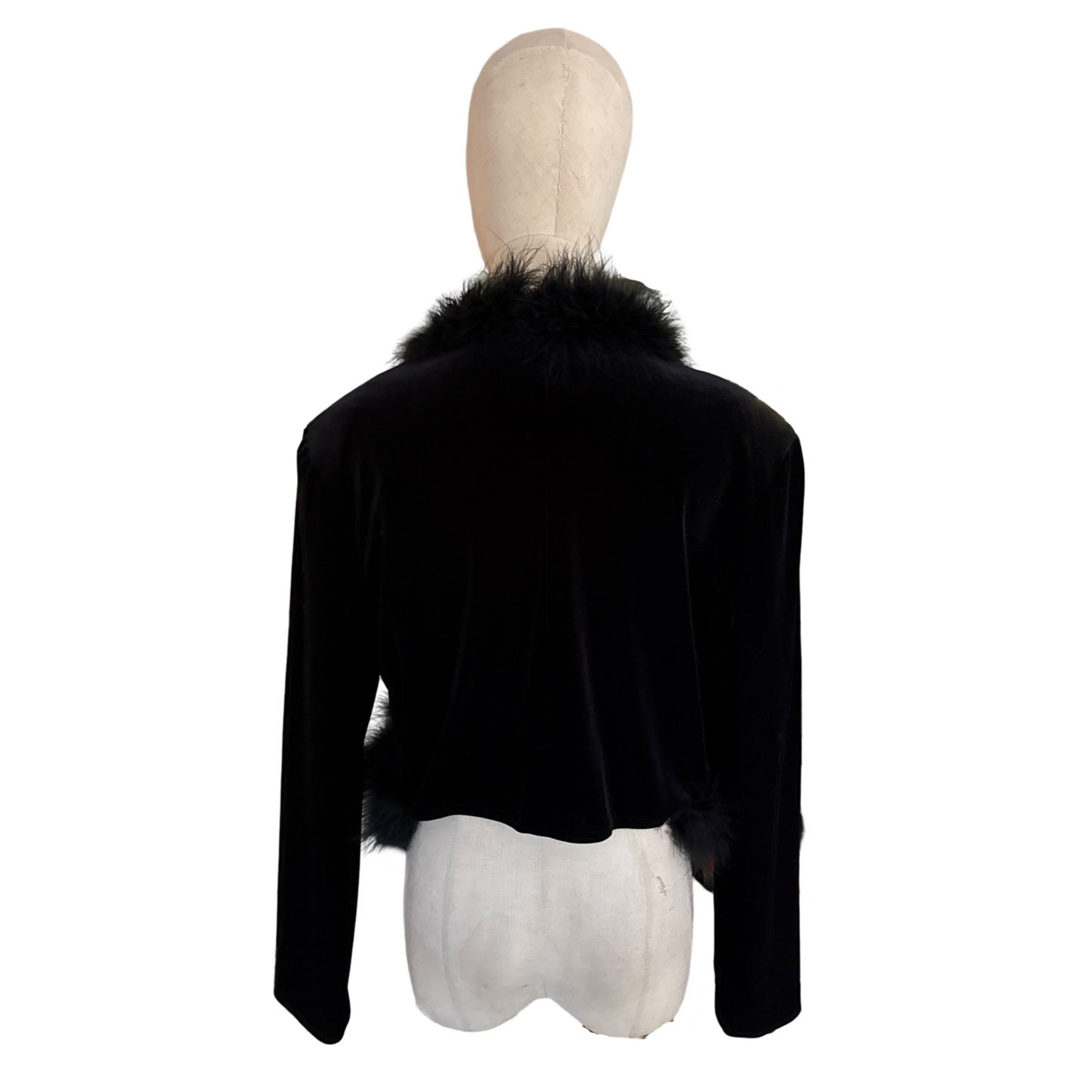 Vintage 90s Black Velvet Feather Trim Cropped Cardigan