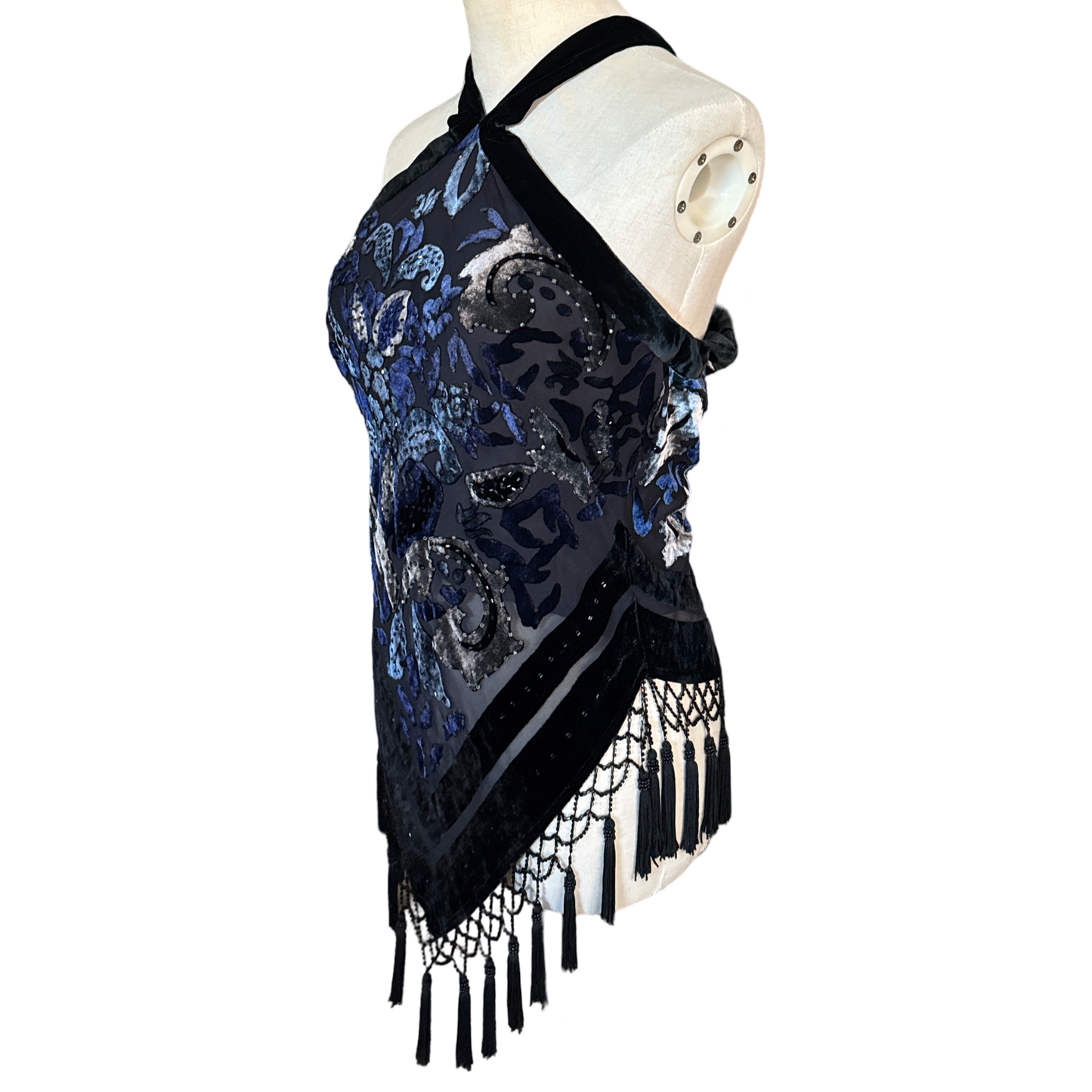 Y2K Dead Stock Velvet Beaded Fringe Halter Top