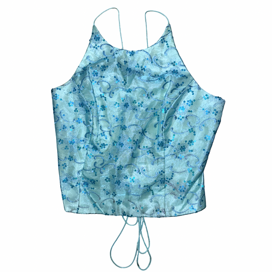 Vintage 90s Y2k Floral Sequin Corset Lace Up Back Top