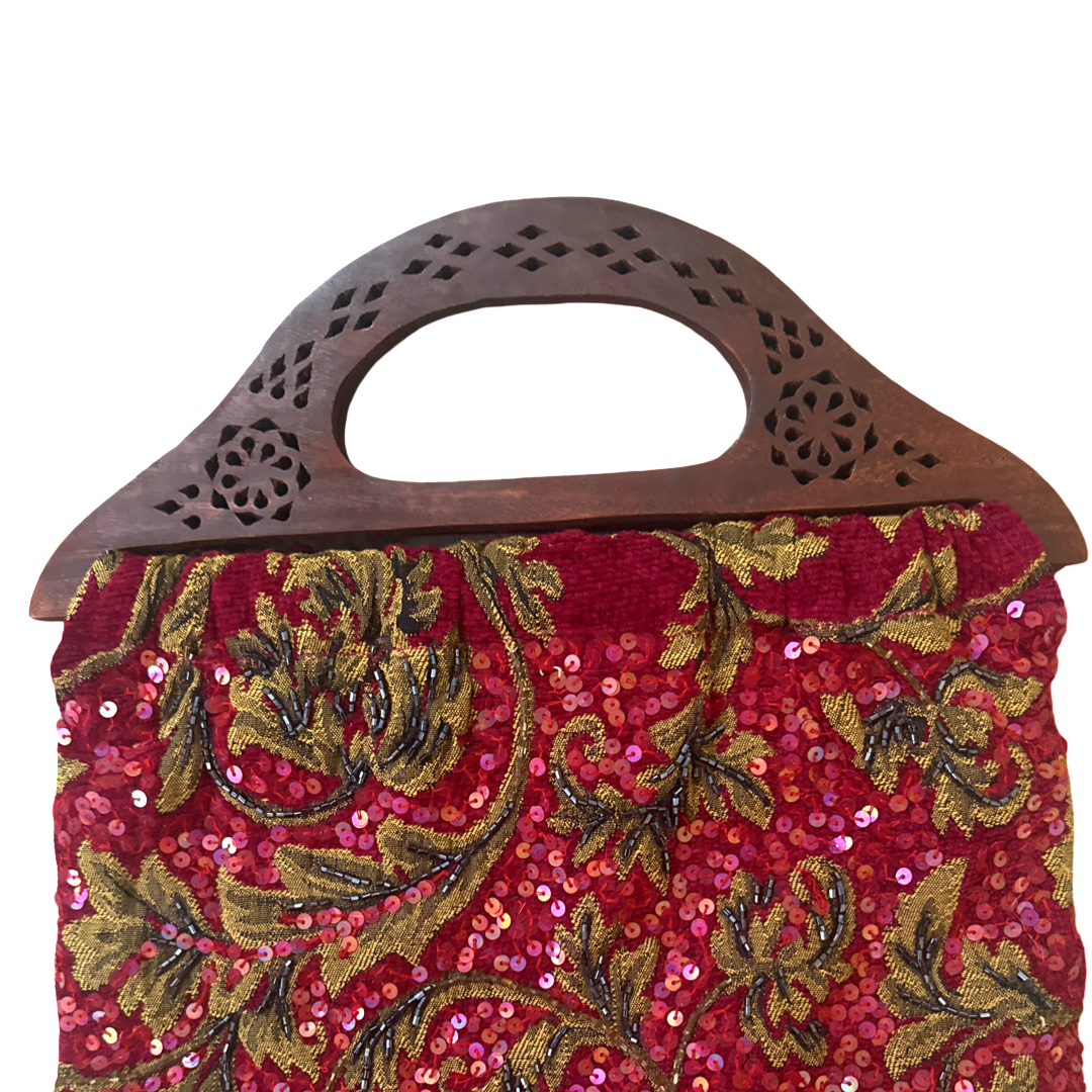 Vintage MCM Velvet Beaded Sequin Wood Handle Clutch Purse