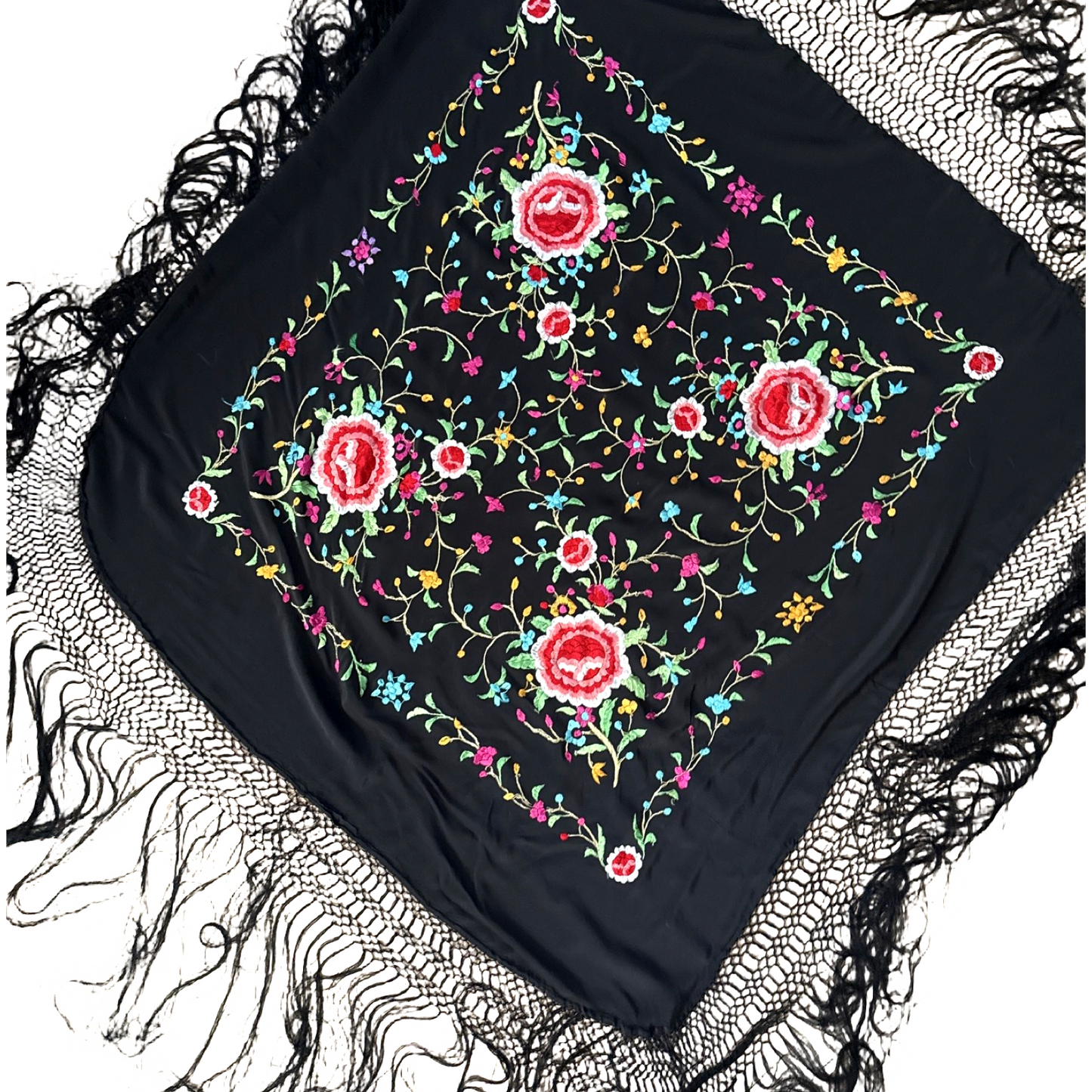 Antique 20s Black Floral Embroidered Fringe Silk Piano Shawl Scarf Boho