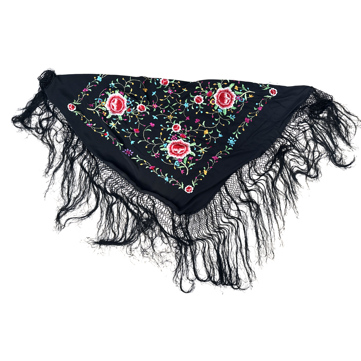 Antique 20s Black Floral Embroidered Fringe Silk Piano Shawl Scarf Boho