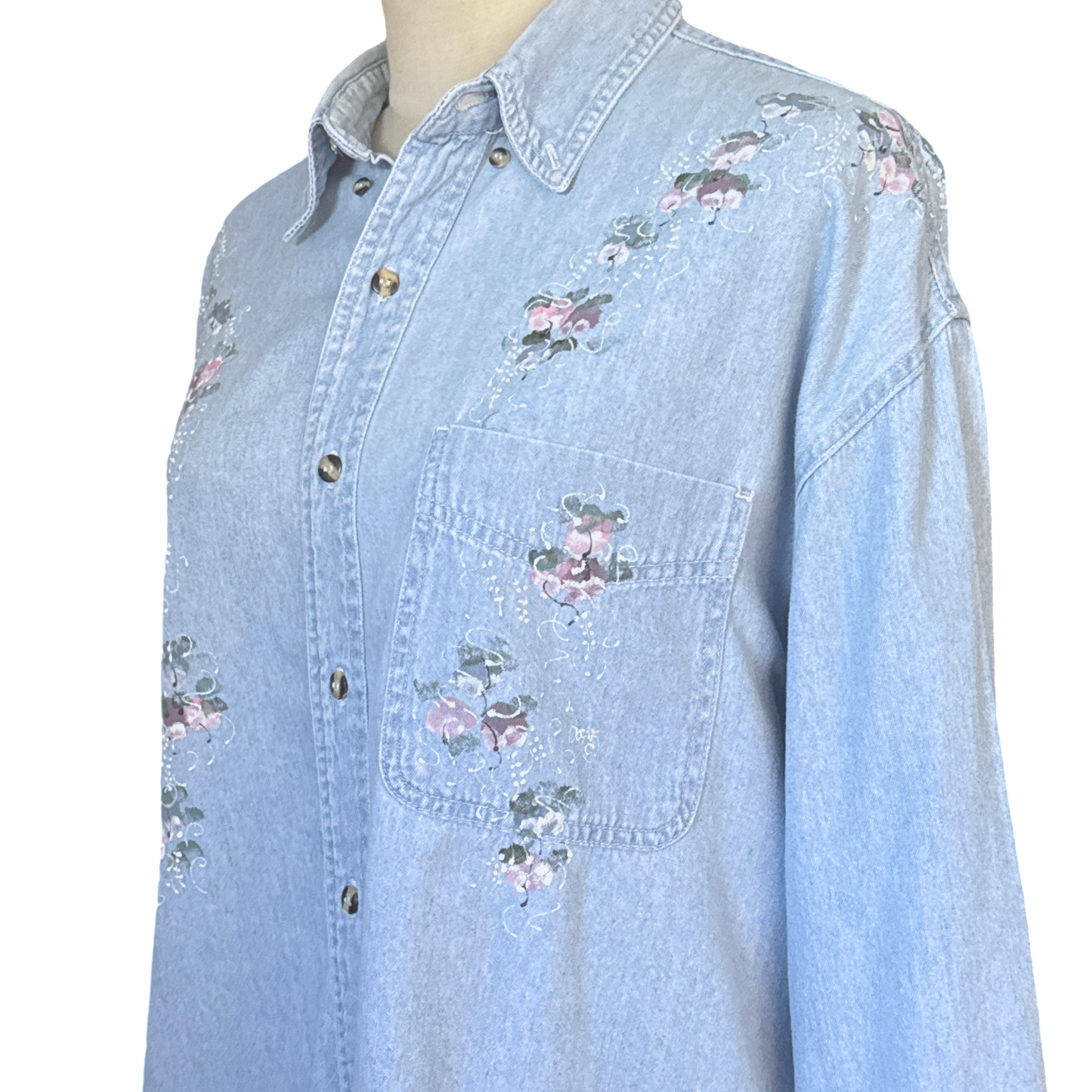 Vintage Floral Painted Denim Button Up Top