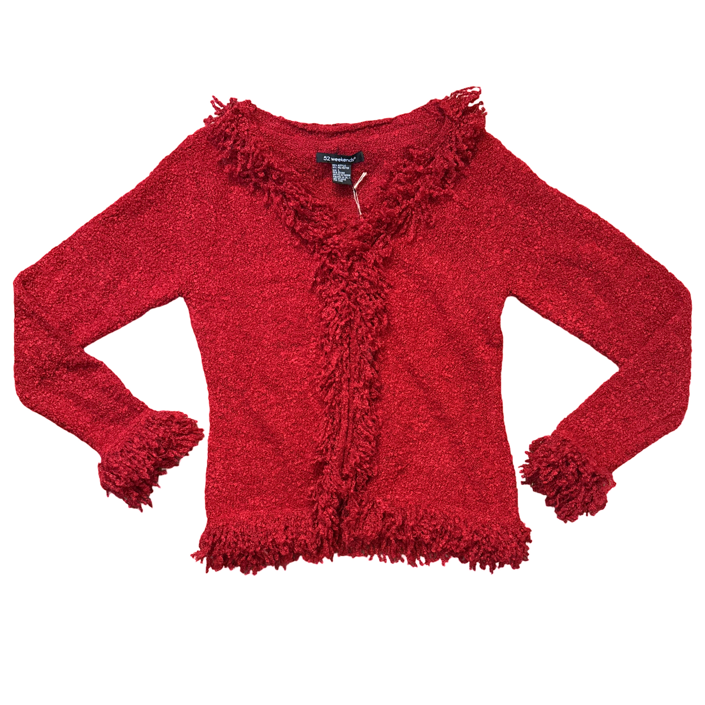 Vintage Y2K Red Fuzzy Fringe Cardigan Sweater Whimsigoth Boho Fairy
