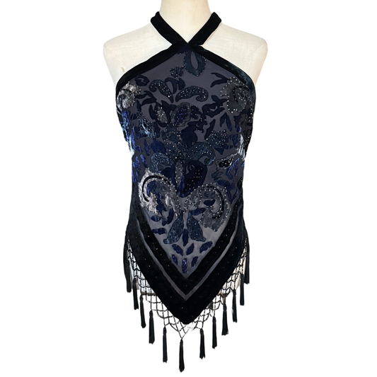 Y2K Dead Stock Velvet Beaded Fringe Halter Top