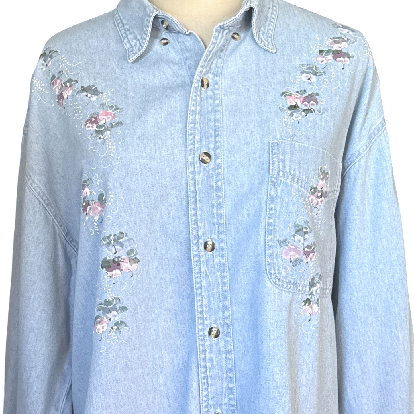 Vintage Floral Painted Denim Button Up Top