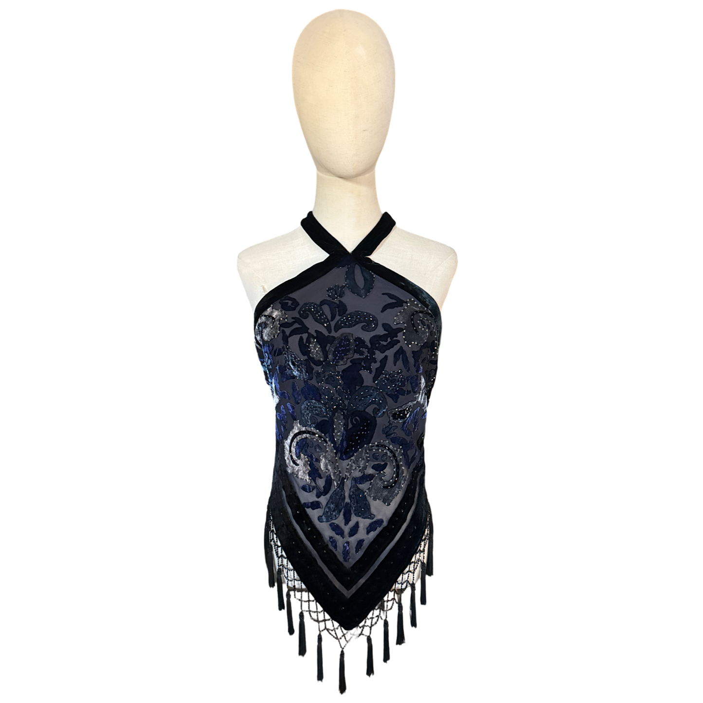 Y2K Dead Stock Velvet Beaded Fringe Halter Top