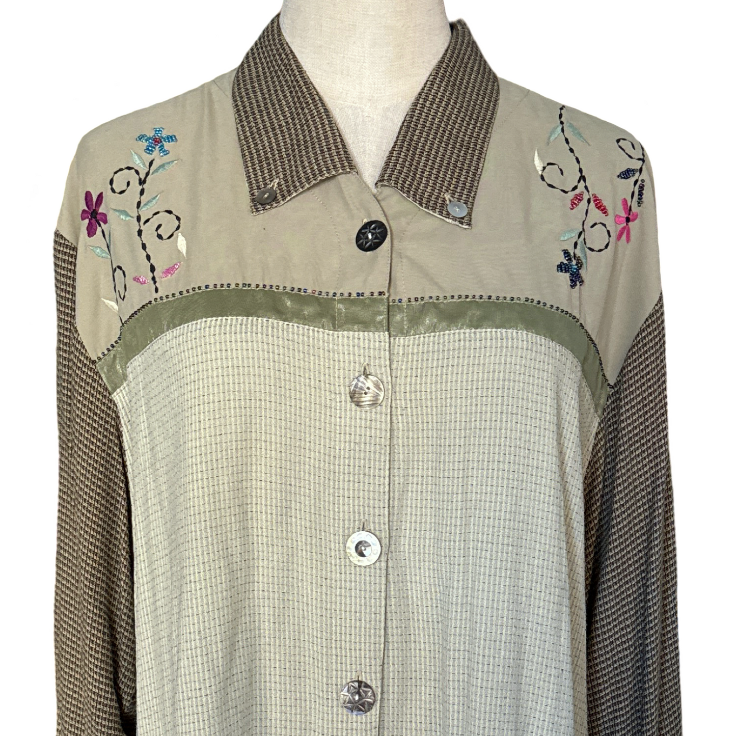 Vintage Textured Embroidered Button Up Top