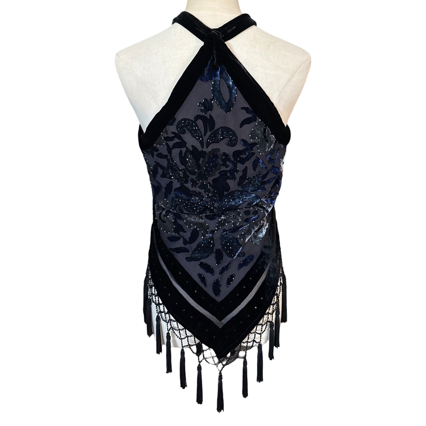 Y2K Dead Stock Velvet Beaded Fringe Halter Top