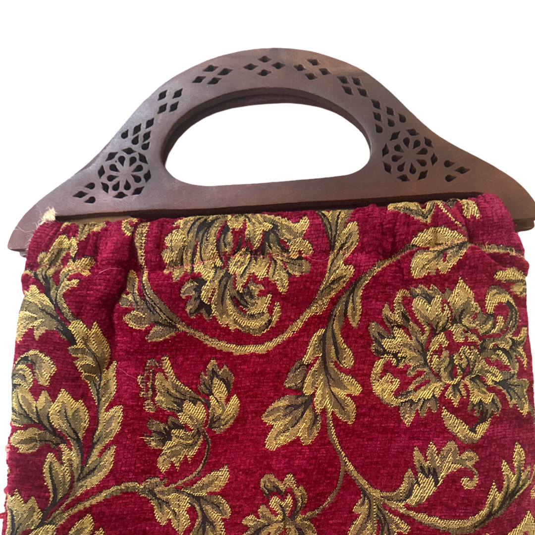 Vintage MCM Velvet Beaded Sequin Wood Handle Clutch Purse