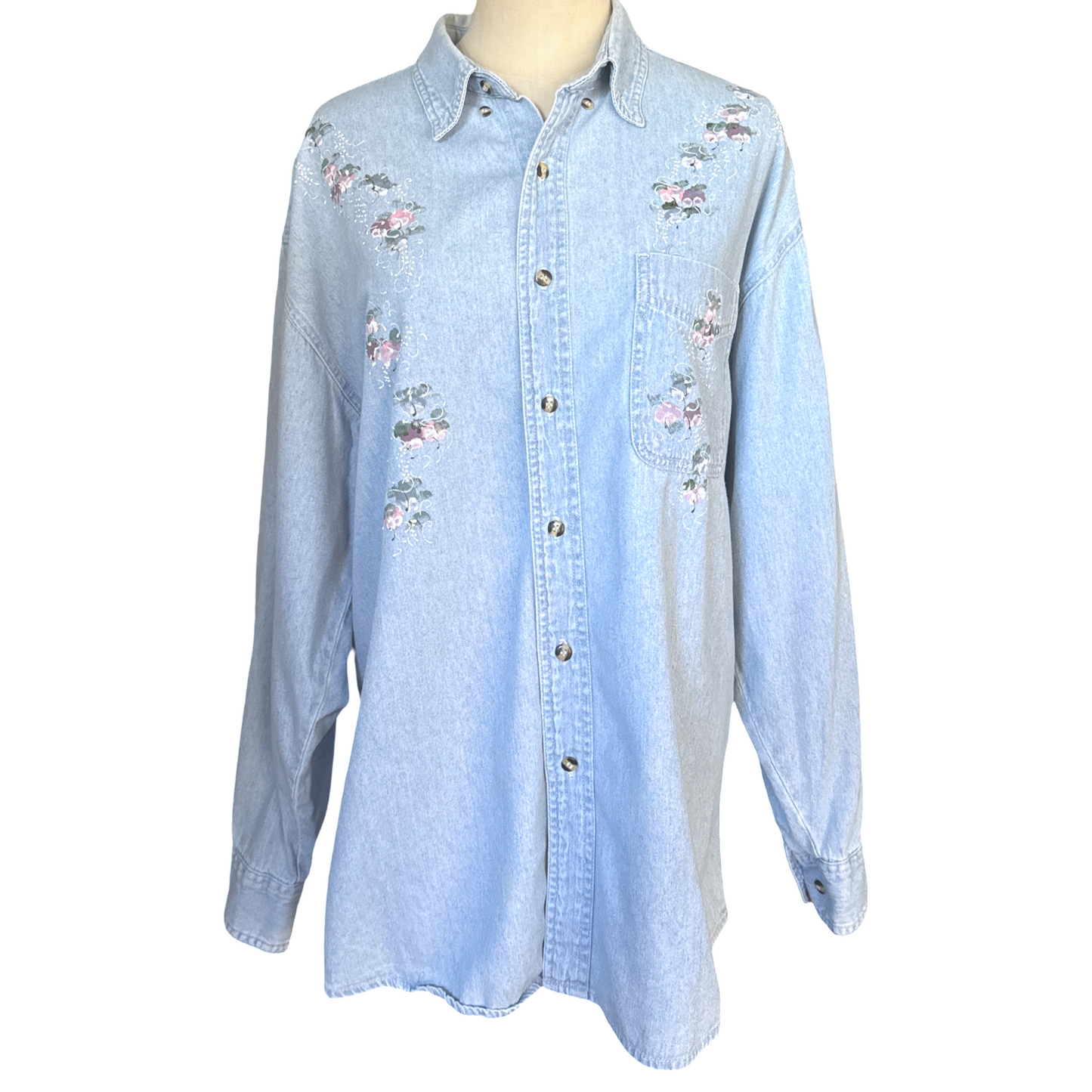 Vintage Floral Painted Denim Button Up Top