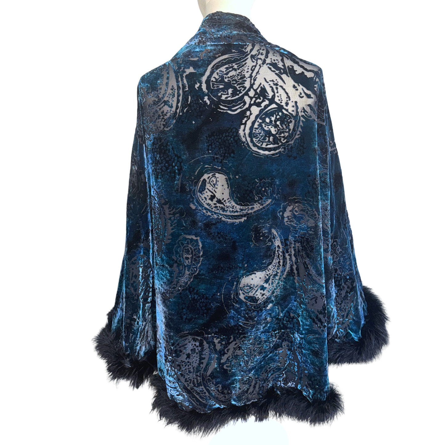 Vintage Y2K Blue Paisley Burnout Velvet Kimono Shawl Whimsigoth Witchy Boho